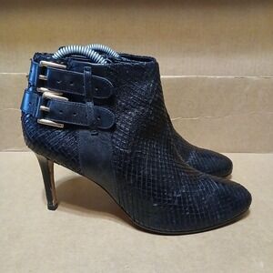 Ann Taylor Black Leather Boots Side Zip  Women 8.5 Leather Checkered Gold Straps